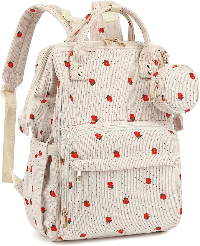 Corduroy Diaper Bag Backpack, Large Capacity Multifunction Baby Diaper Bags for Women, Insulated Bottle Pockets & Pacifier Case, Stylish Travel Nappy Changing Bags for Mom Dad (Strawberry) by Unknown