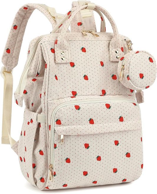 Corduroy Diaper Bag Backpack, Large Capacity Multifunction Baby Diaper Bags for Women, Insulated Bottle Pockets & Pacifier Case, Stylish Travel Nappy Changing Bags for Mom Dad (Strawberry) by Unknown