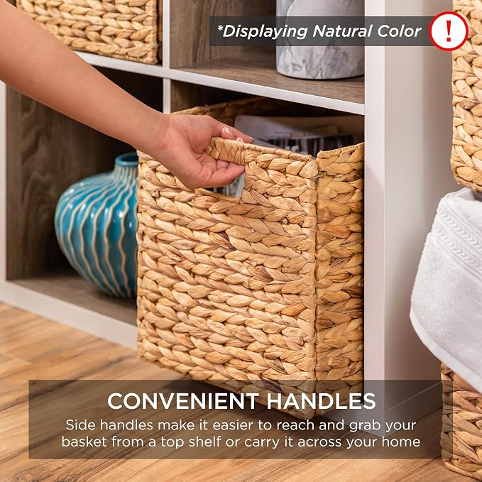 Best Choice Products 12x12in Pack of 5 Cube Storage Baskets, Water Hyacinth Multipurpose Collapsible Organizers, Handwoven Laundry Totes for Laundry, Living Room, Kids Room & Nursery - Chestnut - Image 7