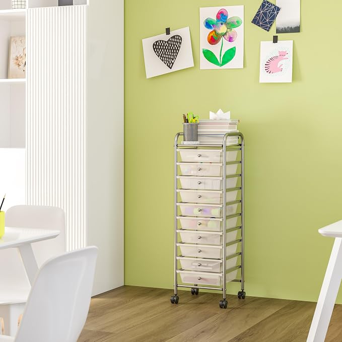 Seville Classics Rolling Utility Organizer Storage Cart, for Home Office, School, Classroom, Scrapbook, Hobby, Craft, 10 Drawer, Frost White - Image 11