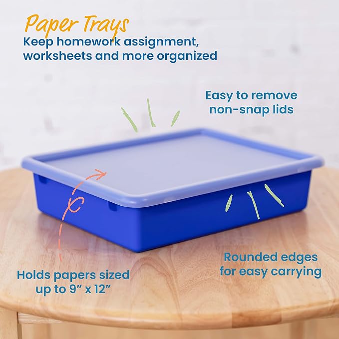 ECR4Kids Letter Size Plastic Tray Organizer with Lids, Small, Storage Bins, Blue, 10-Piece | Durable plastic, GREENGUARD Gold Certified, 2 gallon capacity, stackable/nestable, easy-lift lids, classroom & home use - Image 3