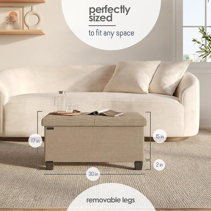 Storage Ottoman Bench with Bins, 30-in Storage Bench for Bedroom End of Bed, Folding Foot Rest Ottoman for Living Room Max 660lbs, Fabric Ottomans, Taupe - Image 8