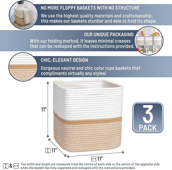 NaturalCozy Storage Cubes 11 Inch Cotton Rope Woven Baskets for Organizing, 3-Pack | Cube Storage Bin | Square Storage Baskets for Shelves Organizer, Classroom, Kids Toy Bins, Closet, Baby Nursery - Image 2