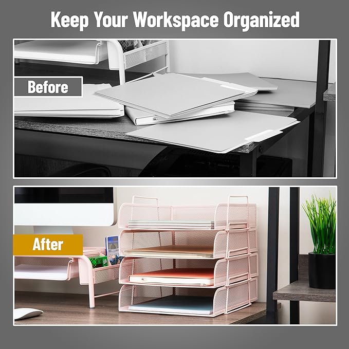 Mind Reader Stackable Paper Tray, Desktop Organizer, File Storage, Office, Metal Mesh, 10.5" L x 13.5" W x 11.25" H, 4 Pcs., Pink - Image 5