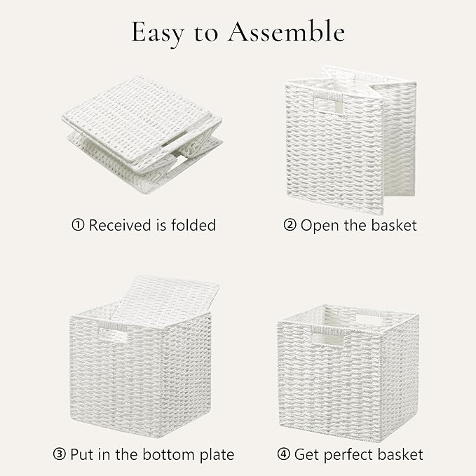 UBBCARE 3 Pack Wicker Basket, 11L×11H×10.5W inch Woven Paper Rope Storage Baskets for Shelves, Foldable Cube Storage bin with Handle, Storage Basket for Organizing & Decor, White - Image 7