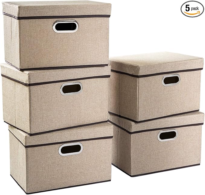 Collapsible Storage Containers with Lids [5-Pack] Jute Fabric Foldable Storage Bins Boxes Organizer Baskets Cube with Cover for Home Bedroom Closet Office Nursery (14.9x9.8x9.8) by Prandom