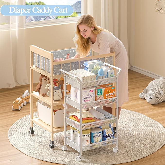 Baby Diaper Caddy Cart, 4-Tier Diaper Caddy Organizer and Storage, Rolling Utility Cart for Baby Supplies, Diaper Cart with Wheels for Bedroom, Nursery, Changing Table, White - Image 4