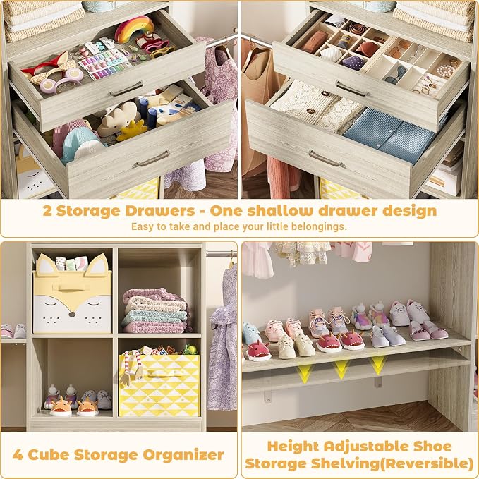 Besiost Closet System - 5-8FT Closet Organizer System with Wooden Drawers & Cube Storage Organizer, Up To 96" Closet Systems for Nursery & Walk-In Closets with Cuttable Hanging Shelving, Greige Oak - Image 7