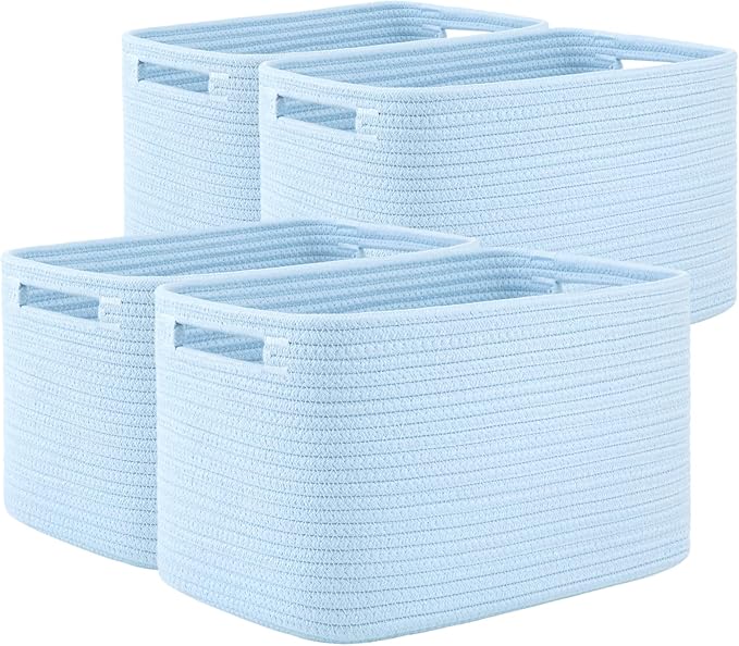 OIAHOMY 4 Pack Storage Baskets for Organizing 15L Storage Bins Light Blue | Woven Baskets for Storage Rectangle Small Baskets With Handles Baskets for Shelves Wicker Baskets for Shelves 12.7x9x7.8inch by MasterofSpaceOptimization