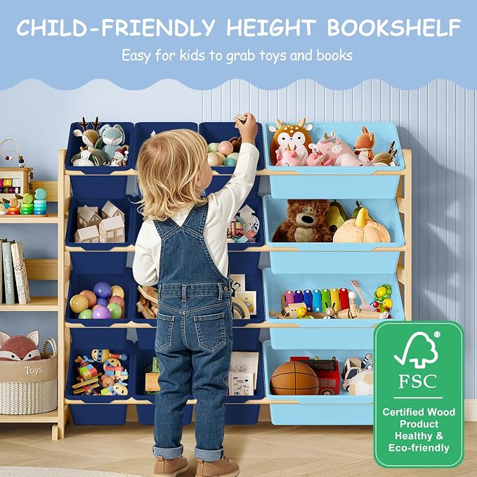 EXPERLAM Toy Storage Organizer, Toy Storage Shelf with 3 Shelves and 16 Storage Bins (12 Small + 4 Large), 3-in-1 Kids Bookshelf for Kids Rooms, Playroom, Nursery, Blue - Image 8