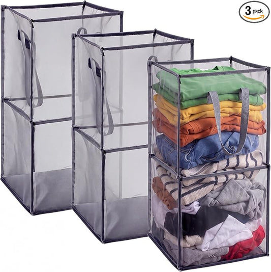 Zopeal 3 Pack Collapsible Mesh Laundry Basket, Grey, Double-layer | 13 Inch Square with Handles, Portable Foldable Hamper, Mesh See-through, Space Saving for Dorm Bedroom Laundry Room by Zopeal