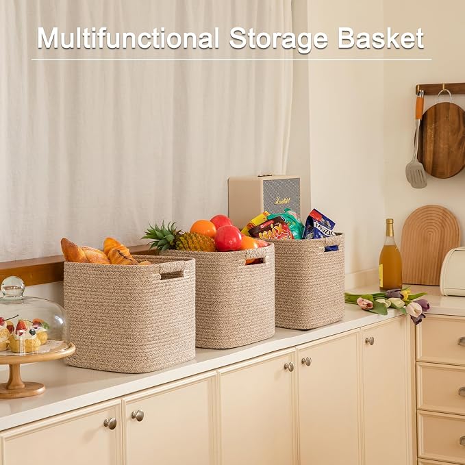 OIAHOMY Storage Cubes 11 Inch Storage Bins-3-Pack, Cotton Rope Woven Baskets for Organizing, Square Storage Baskets for Shelves Organizer, Classroom, Kids Toy Bins, Closet, Baby Nursery-Brown - Image 6