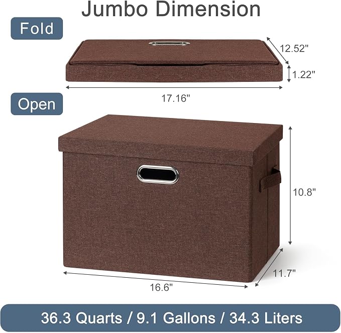 Storage Bins with Lids Fabric Closet Organizers Cubes Office Organization | 36 Quart 3 Pack Dark Red Collapsible Stackable Linen Fabric 4 Handles Bedroom Closet Cabinet Under Bed Clothes Toy Office - Image 2