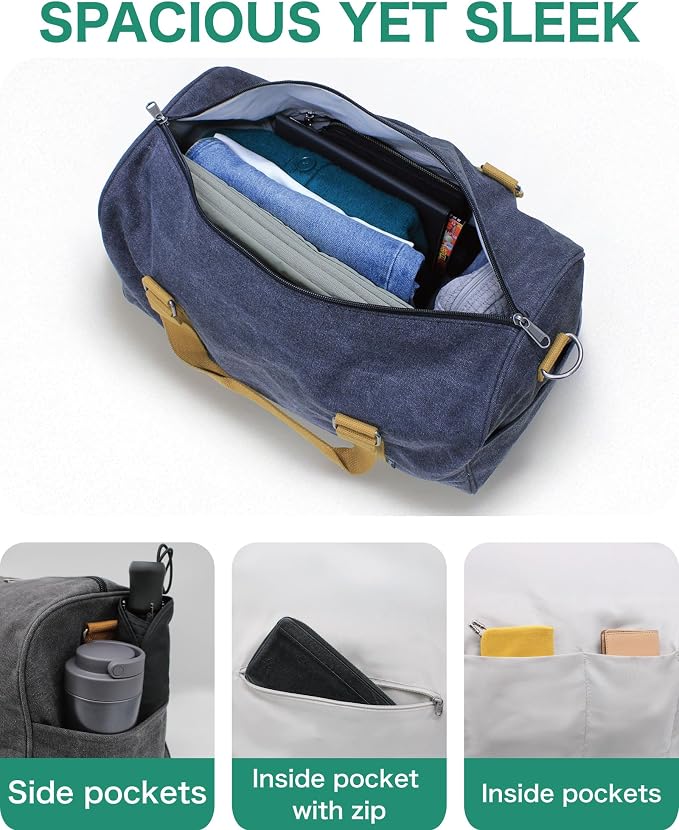 Travel Duffel Bag - 40L Weekender Carry-On, CanBoss (Black) | Spacious 40L canvas weekender duffle for women & men - gym, travel and carry-on bag with trolley sleeve and 6 pockets - Image 3