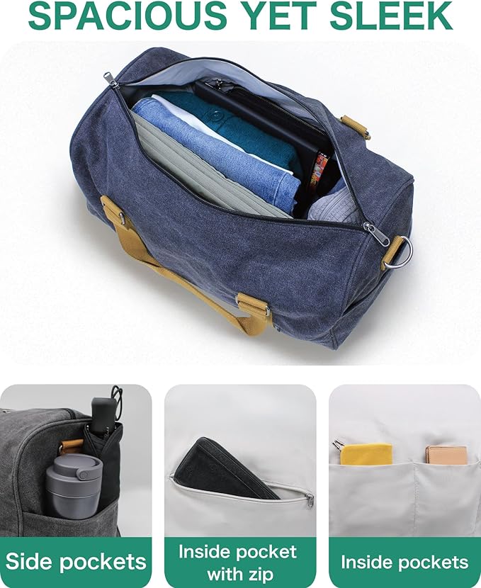 Travel Duffel Bag - 40L Weekender Carry-On, CanBoss (Navy) | Spacious 40L canvas weekender duffle for women & men - gym, travel and carry-on bag with trolley sleeve and 6 pockets - Image 3