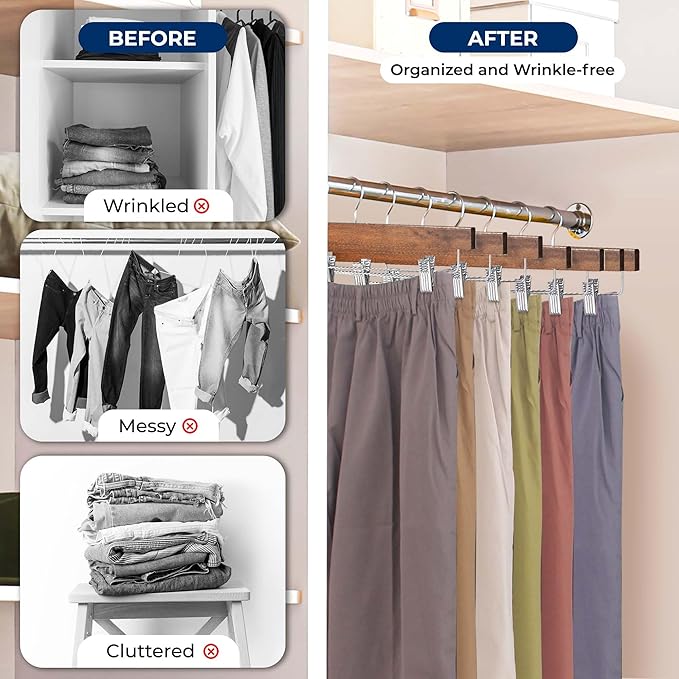 SereneLife 20 Pack Wooden Pants Hangers with 2 Adjustable Clips, 14 Inch Wood Skirt Hangers, Trousers Bottom Hanger with Non-Slip Clips and 360° Swivel Hook, Heavy Duty & Anti Slip (Brown) - Image 5