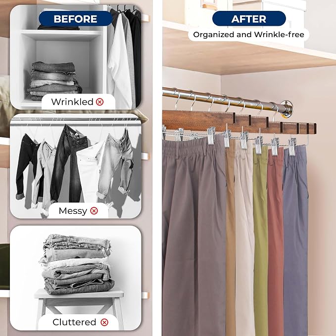 SereneLife 10 Pack Retro Wooden Pants Hangers with 360 Degree Swivel Hook | Adjustable Non-Slip Steel Clips, Premium Wooden, 360° Swivel Hook, 10 lb Capacity, Space-Saving Heavy-Duty - Image 5