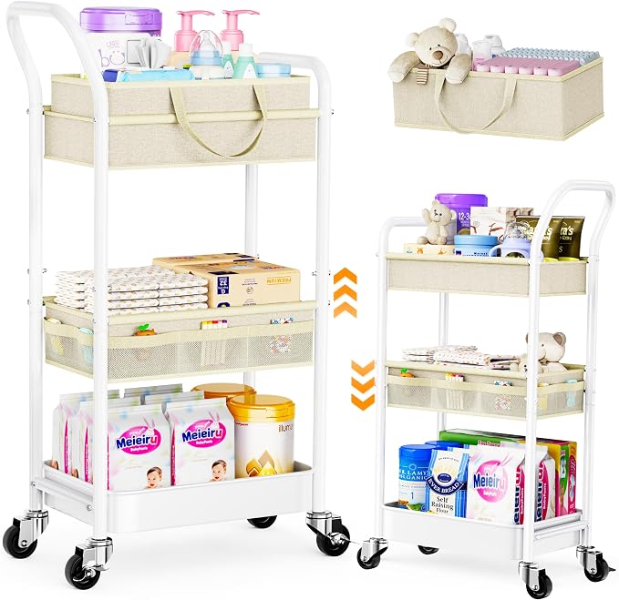 Baby Diaper Caddy Organizer Cart with Adjustable Shelf and Detachable Dividers, Off-White 3 Tier Rolling Storage Cart Metal on Wheels, Bedside Trolley Carts for Baby Essentials, Nursery, Newborn Stuff by Unknown