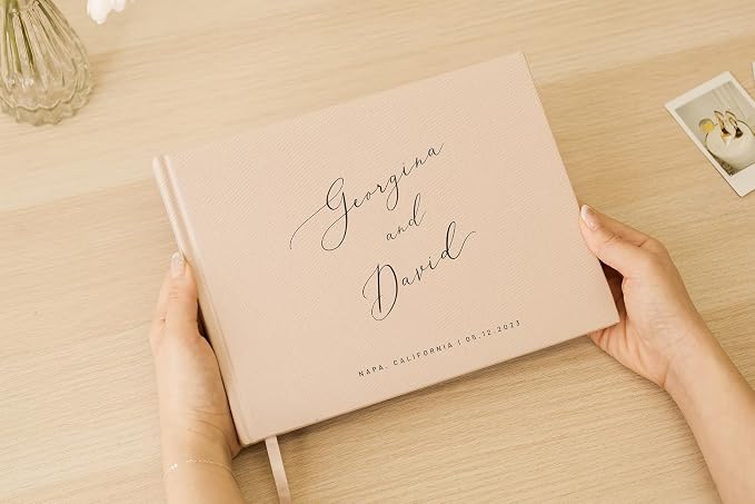 Personalized Linen Guest Book (Design 4) - 9 x 7.5 Hardcover Custom Wedding Guestbook Bride Groom Name Date Location Venue, Reception Ceremony Engagement Party Keepsake Signing Book w/ 120 Blank Pages - Image 7