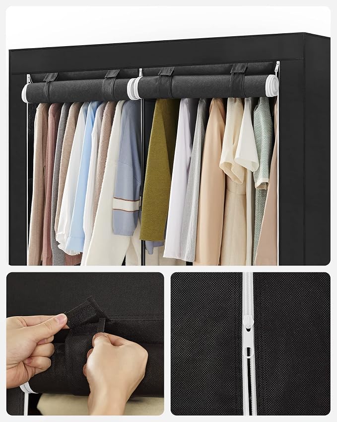SONGMICS Portable Closet with Cover, 3 Hanging Rods and Shelves | Wardrobe Closet Organizer, 4 Side Pockets, 17.7 x 51.2 x 65.7 Inches, Ink Black, RYLAN Collection URYG092B02 - Image 7