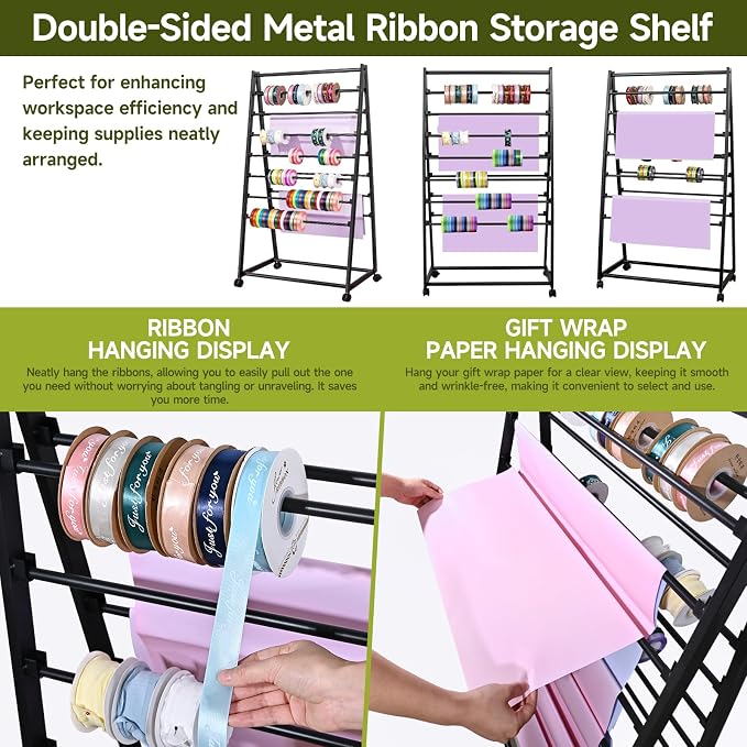 Ribbon Organizer, 15 Tier Metal Wire Spool Rack, Double-Sided Christmas Gift Wrapping Organizer Storage Ribbon Storage Rack for Craft Cake Shop Flower Store,Tie Scarf Rack Belt Towel Holder - Image 6