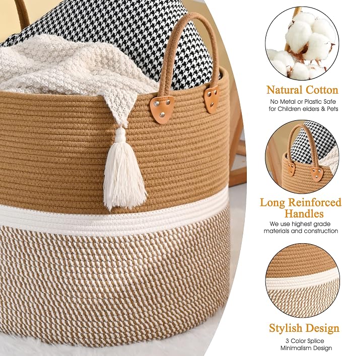 KAKAMAY Large Blanket Basket (18"x18"x16"),Woven Baby Laundry Hamper for Storage, Cotton Rope Blankets Baskets for Nursery, Laundry, Living Room, Pillows, Baby Toy chest with Handles (Brown) - Image 4