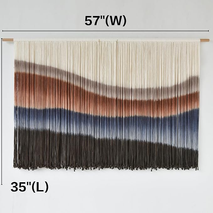Macrame Wall Hanging Tie-Dye Bule Boho Wall Decor Yarn Fiber Art 57"W*35"L | Large Wall Hanging, Handmade Fiber Art, Dip Dyed Cotton, Boho Wall Decor, for Bedroom Decor Living Room Wall Accent - Image 5
