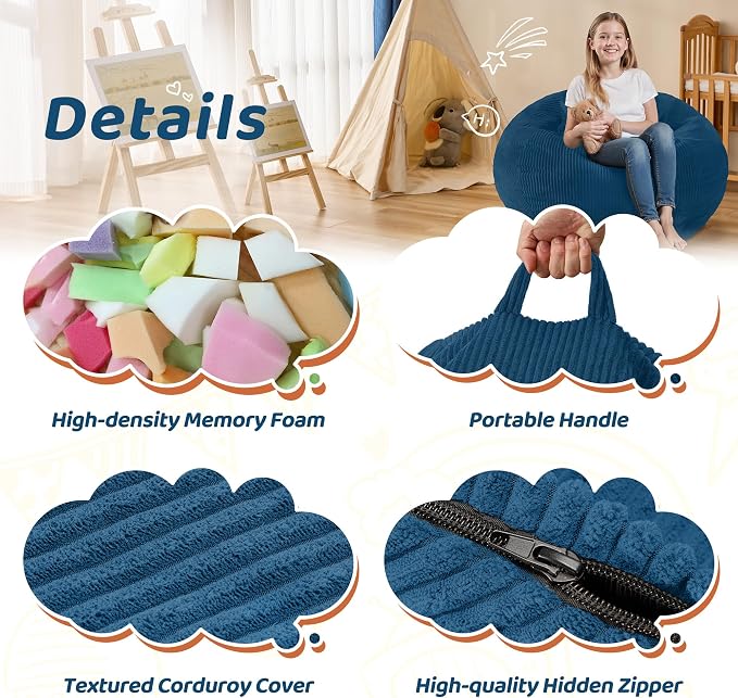 2FT Bean Bag Chair: 2' Small Bean Bags with Memory Foam Filled | Beanbag Chairs with Handle,Teardrop Bean Bag Sofa with Corduroy Machine Washable Cover for Living Room,Bedroom-Dark Blue - Image 5