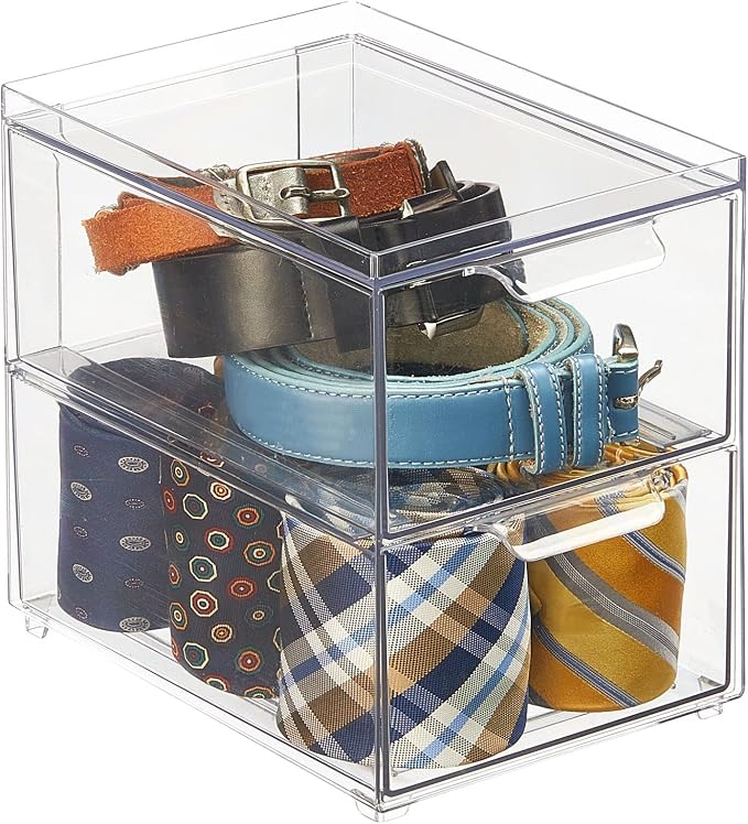 mDesign Stackable Storage Containers Box with 2 Pull-Out Drawers - Stacking Plastic Drawer Bins for Closet Organization, Linen, Coat, Bedroom or Entryway Closets - Lumiere Collection - 4 Pack, Clear - Image 7