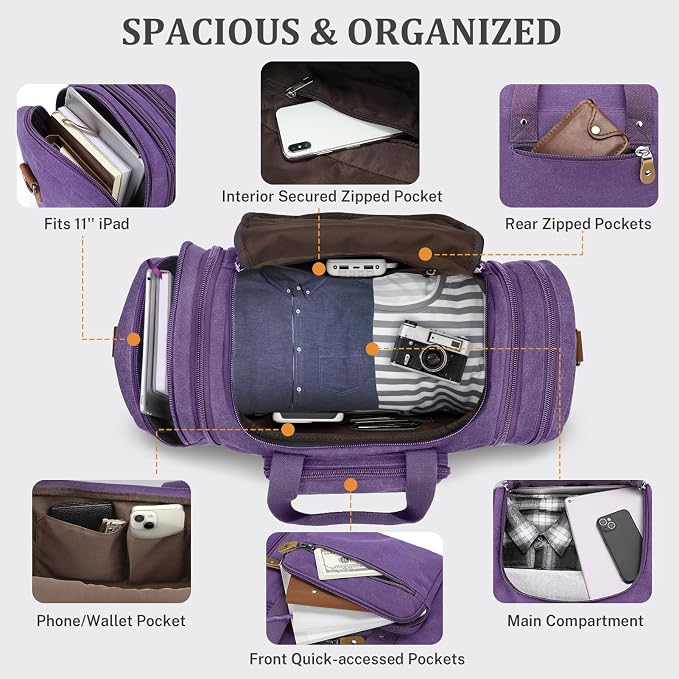 Gonex Canvas Duffle Bag, Expandable 50L Travel Overnight Weekender Bag | for Men, Multiple Pockets, Carry-On Size, Durable Zippers, Detachable Strap, Purple - Image 5