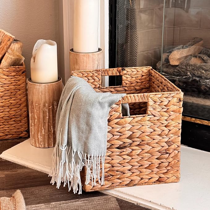 6 Hand-Woven Wicker Storage Baskets 13x11x11in, Water Hyacinth Shelf Bins | ECO-FRIENDLY & SUSTAINABLE - Image 5