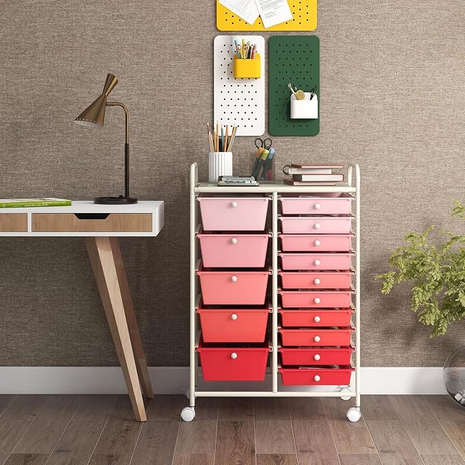 15 Drawer Rolling Storage Cart, Rolling Cart with Drawers for Classroom, Art Supply Craft Organizer on Wheel with Metal Frame & Handles for Home Office School - Image 7