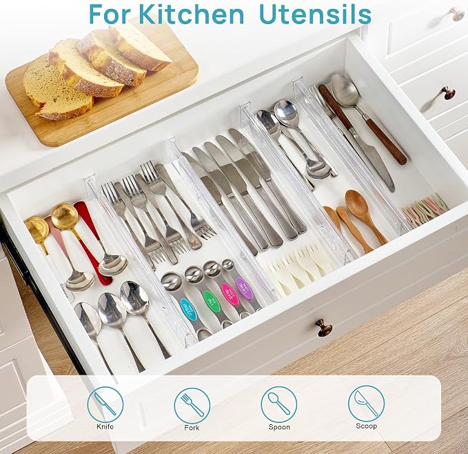 Vtopmart 2.36" Short Upgrade Drawer Dividers 12.8"-22.3" Expandable 4 Pack | Adjustable Kitchen Drawer Organizer, Clear Plastic Separator for Flatware, Utensils, Cutlery, Underwear Storage, Space Saving - Image 5