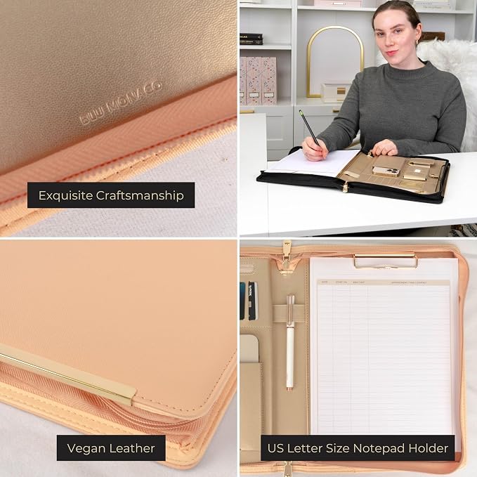 BLU MONACO | Peach Beige Vegan Leather Portfolio Binder for Women | Zipper Portfolio Binder with Gold Trim | Professional Business Portfolio with Zipper for 8.5 x 11 Documents - Image 5