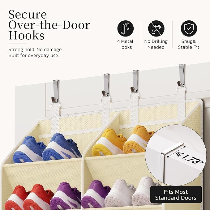 Over the Door Shoe Organizer, 20-30 Pairs Heavy-Duty Hanging Shoe Storage with Large Pockets, 10-Tier Door Shoe Rack with 4 Hooks for Sneakers Sandals Heels Boots (Beige) - Image 4