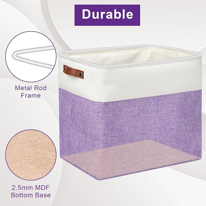 Large Fabric Storage Baskets | 50L Storage Bins, Decorative Linen Closet Baskets with Handles for Organizing, Shelf, Toys, Clothes, Home, Office, Nursery, 17x12x15Inches (Purple&White) - Image 4