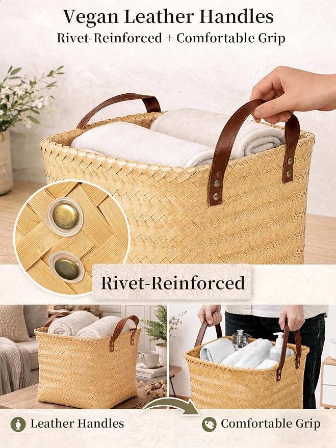 Wicker Storage Baskets, 4 Pack Woven Baskets for Shelves, Yellow | PP Rattan, Water-resistant Wicker Basket, Large Baskets with Faux Leather Handles for Blanket, Laundry Organizer, Room Decor - Image 6