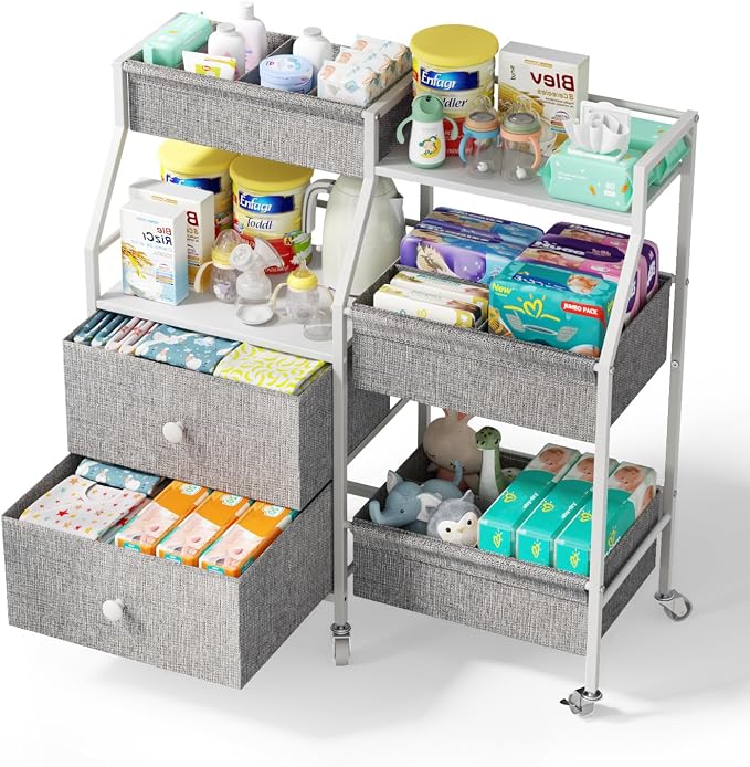 DTK Baby Diaper Caddy Organizer, 3 Tier Rolling Diaper Cart with Dividers and Drawers, Mobile Utility Baby Storage Cart with Wheels, Baby Newborn Essentials for Nursery, Bedroom, Charging Table，Crib by DTK