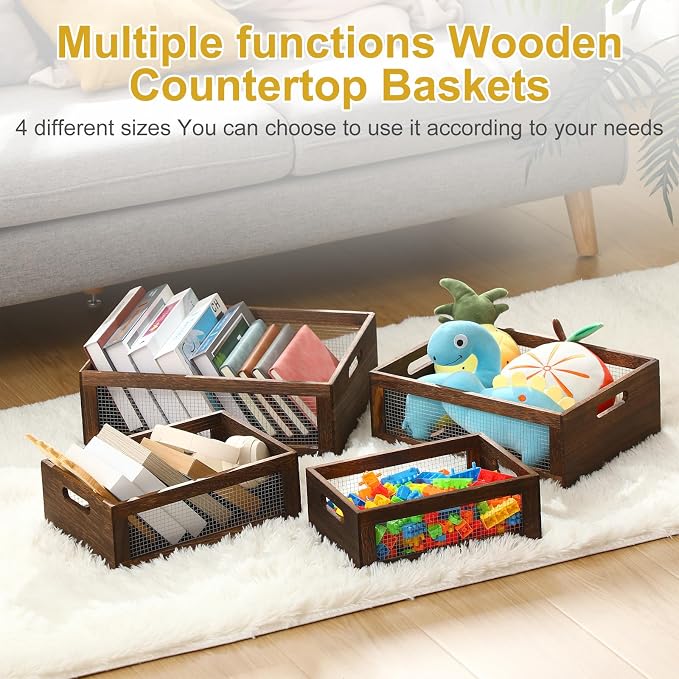 FillTouch 4 Pcs Wooden Nesting Countertop Baskets 4 Size Wooden Storage Box with Handle and Metal Wire Multipurpose Wood Organizer Crate for Fruit Vegetable Kitchen Cabinet Bathroom(Dark Brown,Large) - Image 3