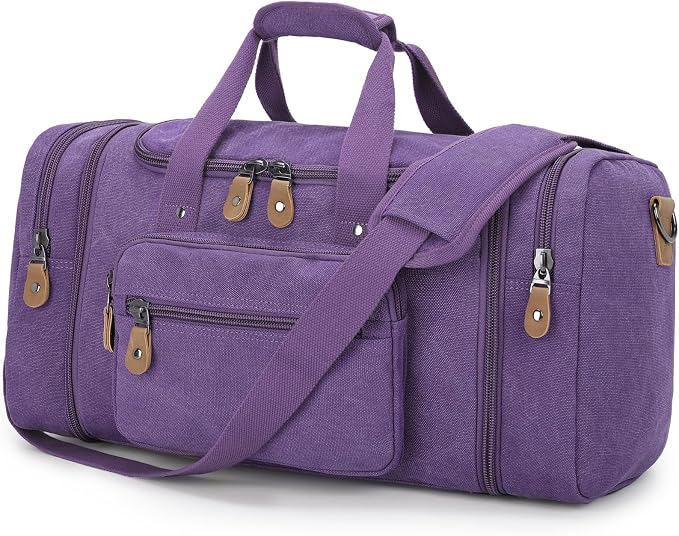 Gonex Canvas Duffle Bag, Expandable 50L Travel Overnight Weekender Bag | for Men, Multiple Pockets, Carry-On Size, Durable Zippers, Detachable Strap, Purple by Gonex