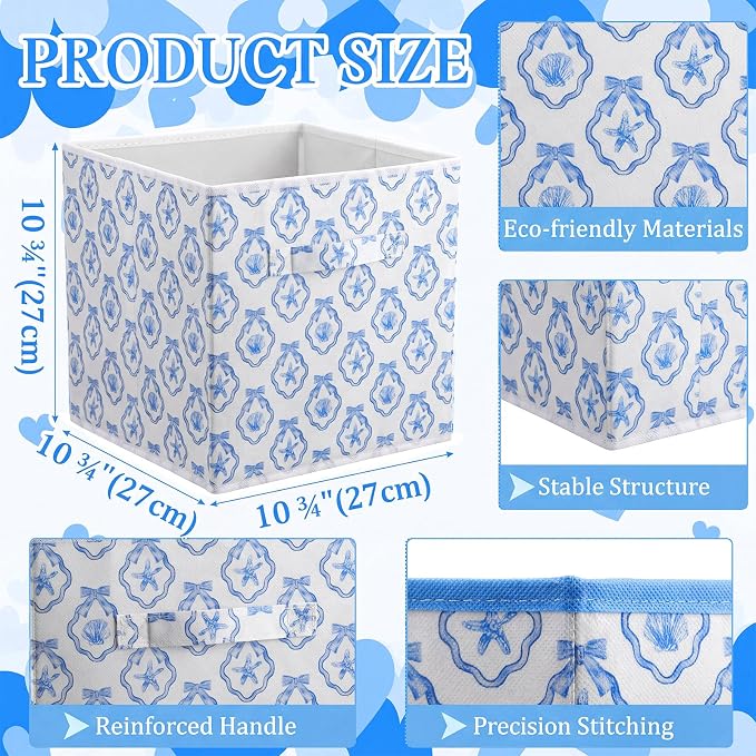 6 Pcs Blue Bow Seashell Storage Bins 11 Inch Summer Beach Storage Basket with Handle, Coastal Organizer Basket, Ocean Collapsible Fabric Box for Classroom Bedrooms Office Home Decoration Gift - Image 2