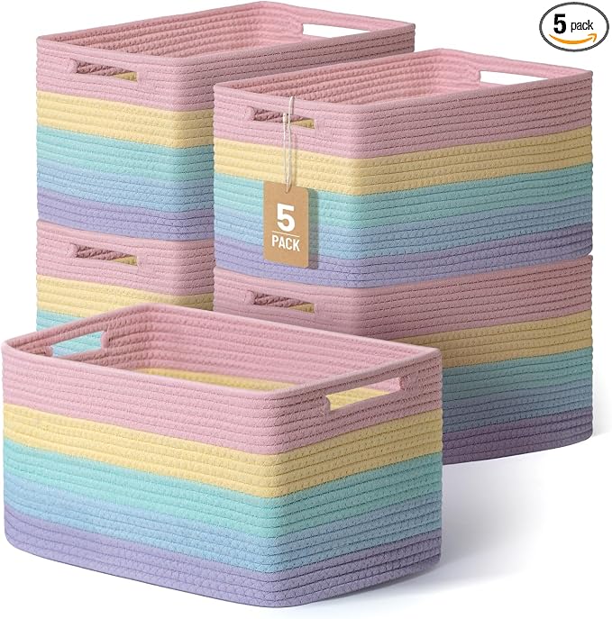 5 Pack Woven Storage Baskets, Decorative Storage Bins for Organizing | 13.8'' × 9.8'' × 7.9'', Cute Cotton Rope Basket Organizer for Closet, Shelves, bathroom, Nursery, Toys, Books, Rainbow by YILOBI