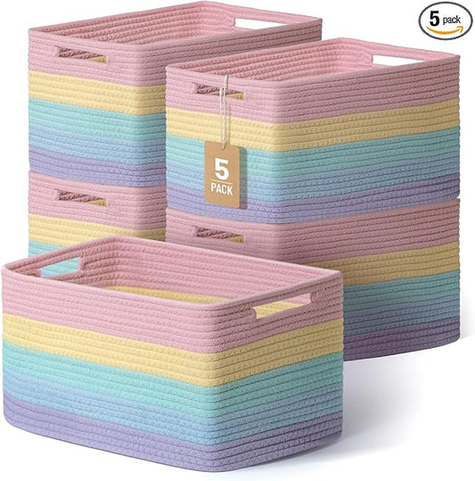 5 Pack Woven Storage Baskets, Decorative Storage Bins for Organizing | 13.8'' × 9.8'' × 7.9'', Cute Cotton Rope Basket Organizer for Closet, Shelves, bathroom, Nursery, Toys, Books, Rainbow by YILOBI