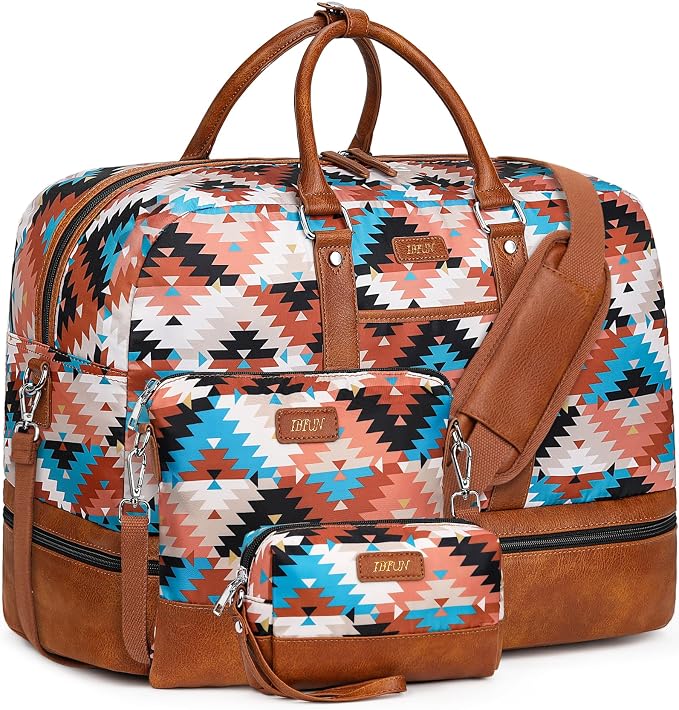 Weekender Bag for Women, Large Overnight Bag Canvas Travel Duffel Bag Carry On Tote with Shoe Compartment 21" 3Pcs Set by IBFUN