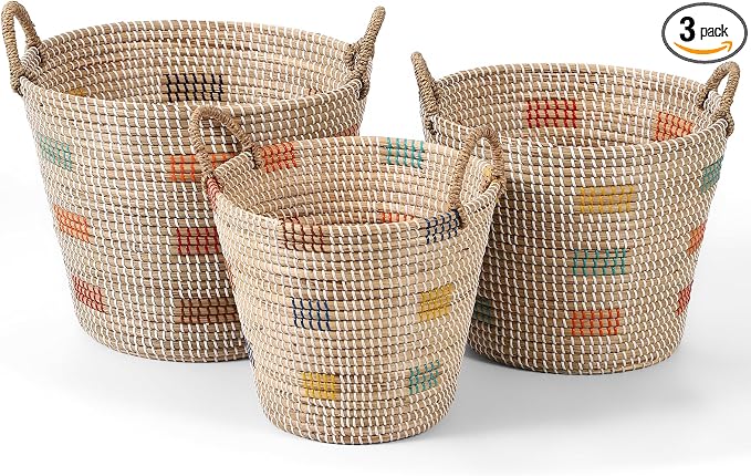 Premium Natural Sea Grass Storage Baskets Set of 3 - Handwoven Large, Medium & Small Woven Bin Organizers with Lids for Home, Bathroom, Laundry, Office (45L, 29L, 20L) by Unknown
