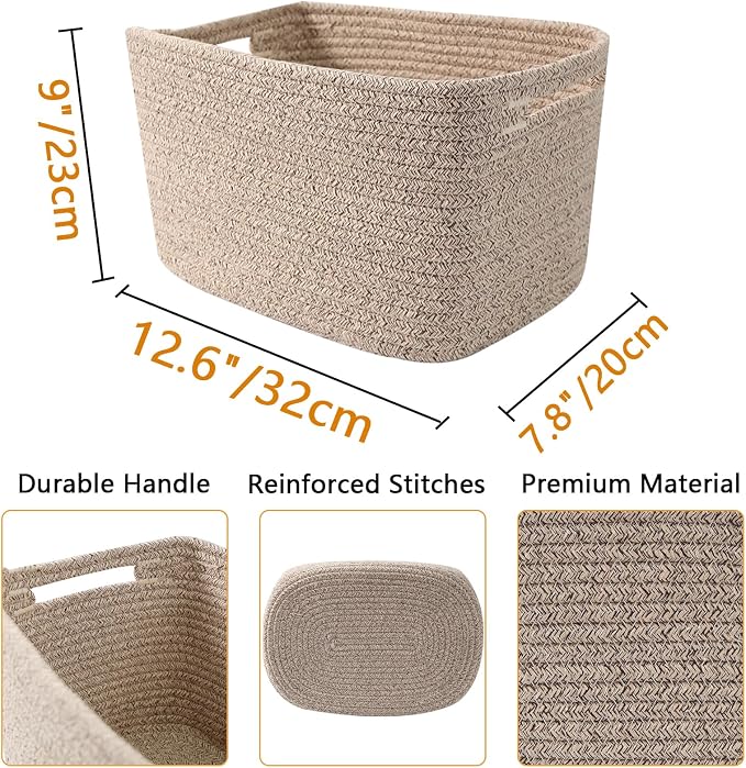 6 Pack Woven Rope Baskets, 12.6"×9"×7.8" Storage Bins, Brown | Storage Boxes for Toys, Books, Towels, Clothes, Shelf Baskets Organizer,Empty Gift Baskets for Living Room, Bathroom, Bedroom - Image 2