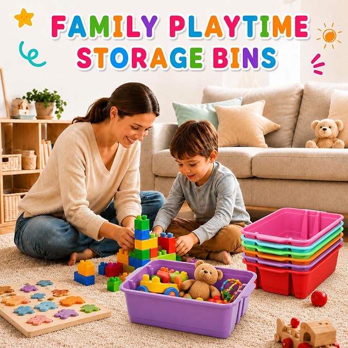 6 Pack Plastic Book Bins Stackable Classroom Cubby Organizer, Rainbow | Scoop Front Storage Bins, Cubby Bins with Handles for School Library Office Home Nursery Playroom Organization - Image 7