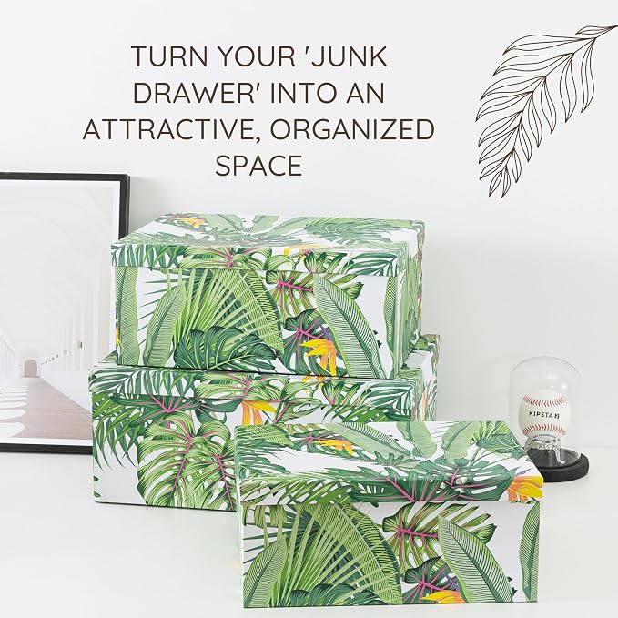 Soul & Lane - Tropical Breeze Decorative Storage Boxes with Lids, Set of 3 | Large Nesting Keepsake Boxes for Photos and Gifts, Green Jungle Leaves Palm Tree Containers, Hawaiian Beach Theme Decor - Image 5