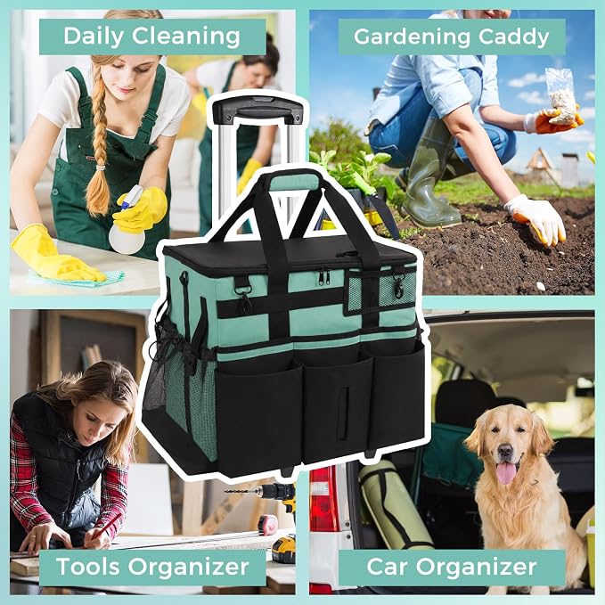 SCAVATA Rolling Cleaning Caddy Bag with Detachable Trolley & Wheels | Large Cleaning Supply Organizer, Portable Multi-Pocket Cleaning Cart for Housekeeper, Adjustable Shoulder Strap, CyanBlue - Image 7