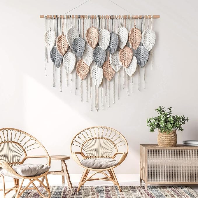 Alynsehom Large Macrame Wall Hanging, Boho Woven Tapestry, Chic Modern Bohemian Handmade Leaf Feather Wall Art Home Decor for Apartment Dorm Living Room Bedroom Nursery Backdrop (39" W X 29.5" L) - Image 6